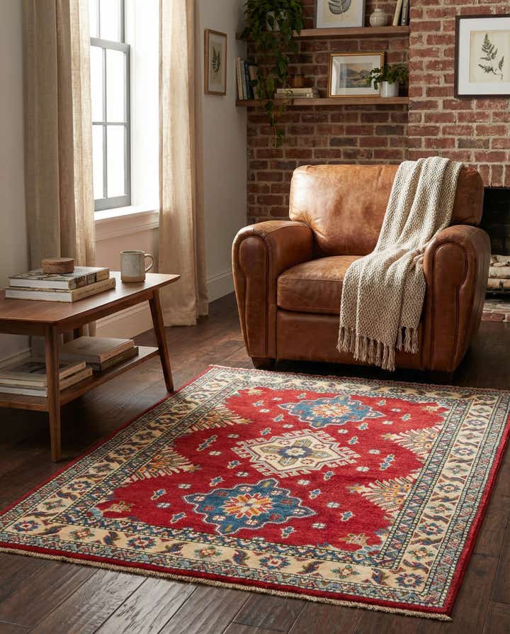 3' 4 x 4' 10 Hand Knotted Kazak Rug