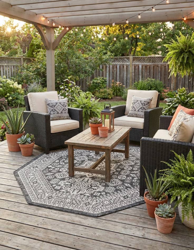 Detail image of 5' 3 x 5' 3 Easy-Clean Aztec Indoor / Outdoor Octagon Rug