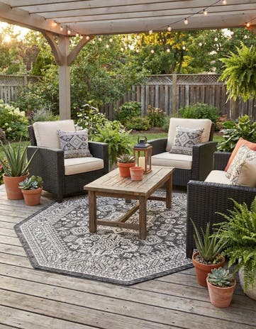 Charcoal Gray Easy-Clean Aztec Indoor / Outdoor Octagon Rug