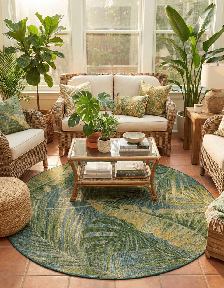 Detail image of 7' 10 x 7' 10  Washable Botanical Indoor / Outdoor Round Rug