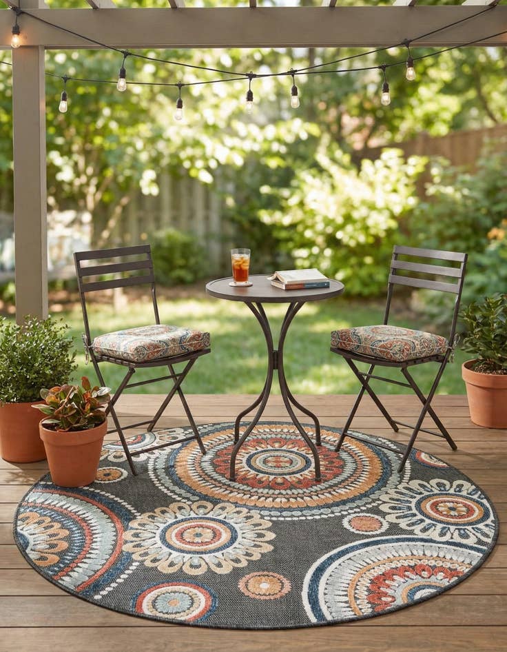 Detail image of  4' 5 x 4' 5  Washable Botanical Indoor / Outdoor Round Rug