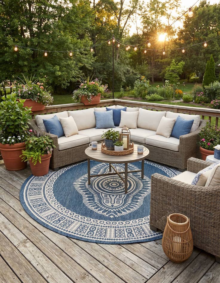 Detail image of 12' x 12'  Washable Traditional Indoor / Outdoor Round Rug
