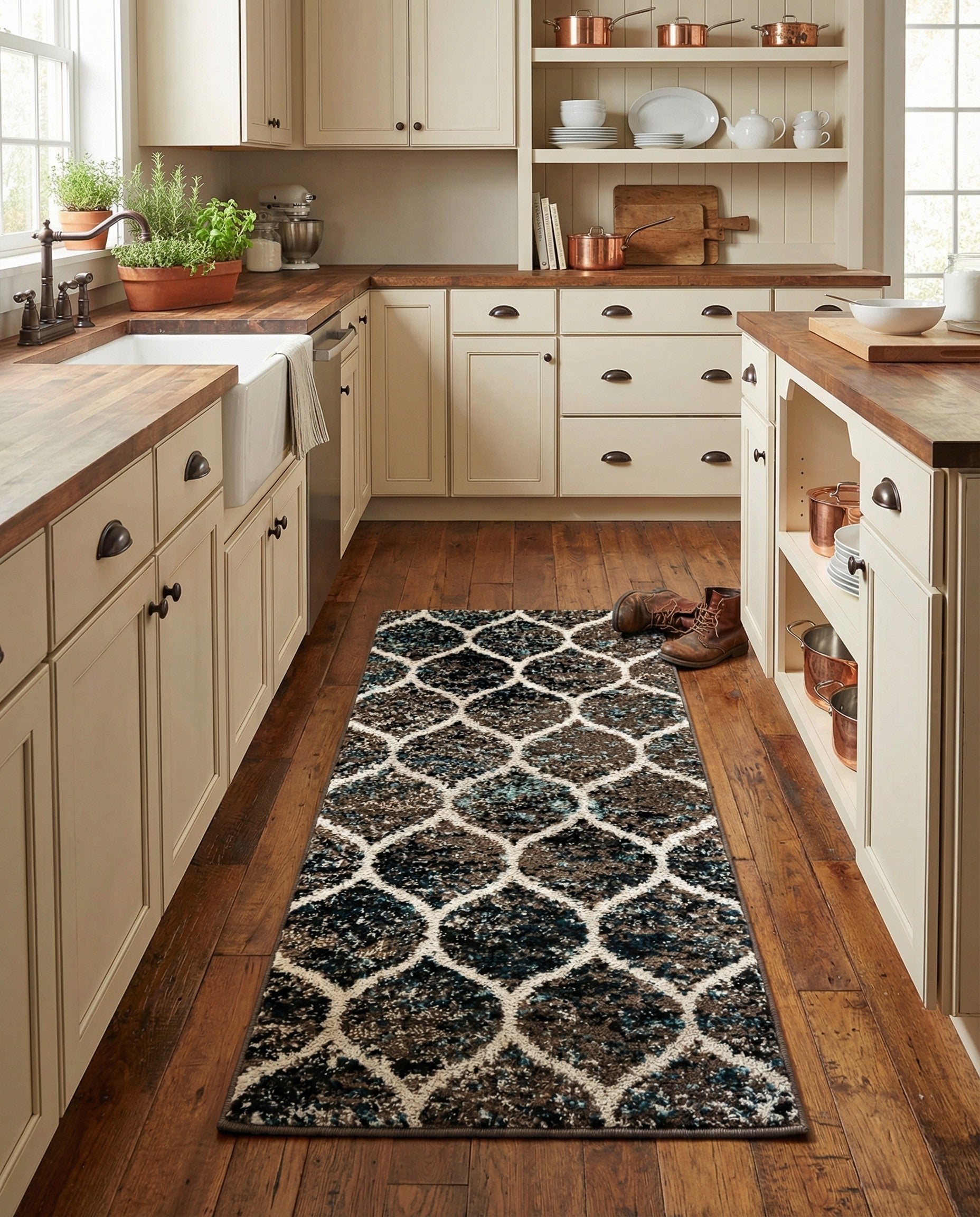 A 4 ft runner rug featuring a modern trellis pattern in shades of blue, brown, and cream, ideal for a hallway.