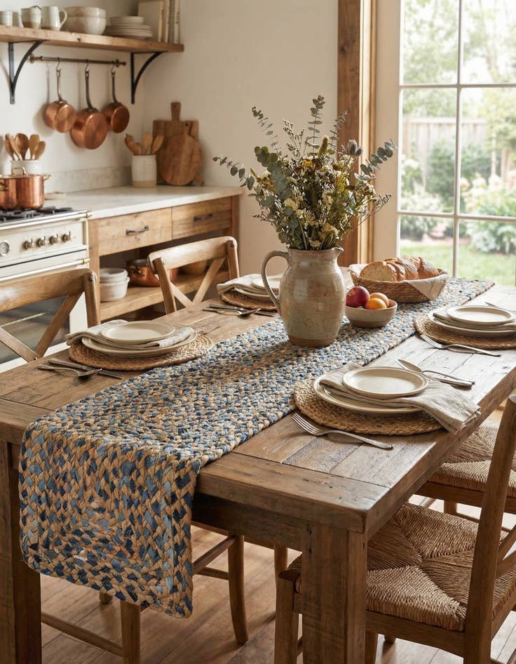 Detail image of 1' 2 x 4' 1  Hand Braided Chindi Table Runner Rug