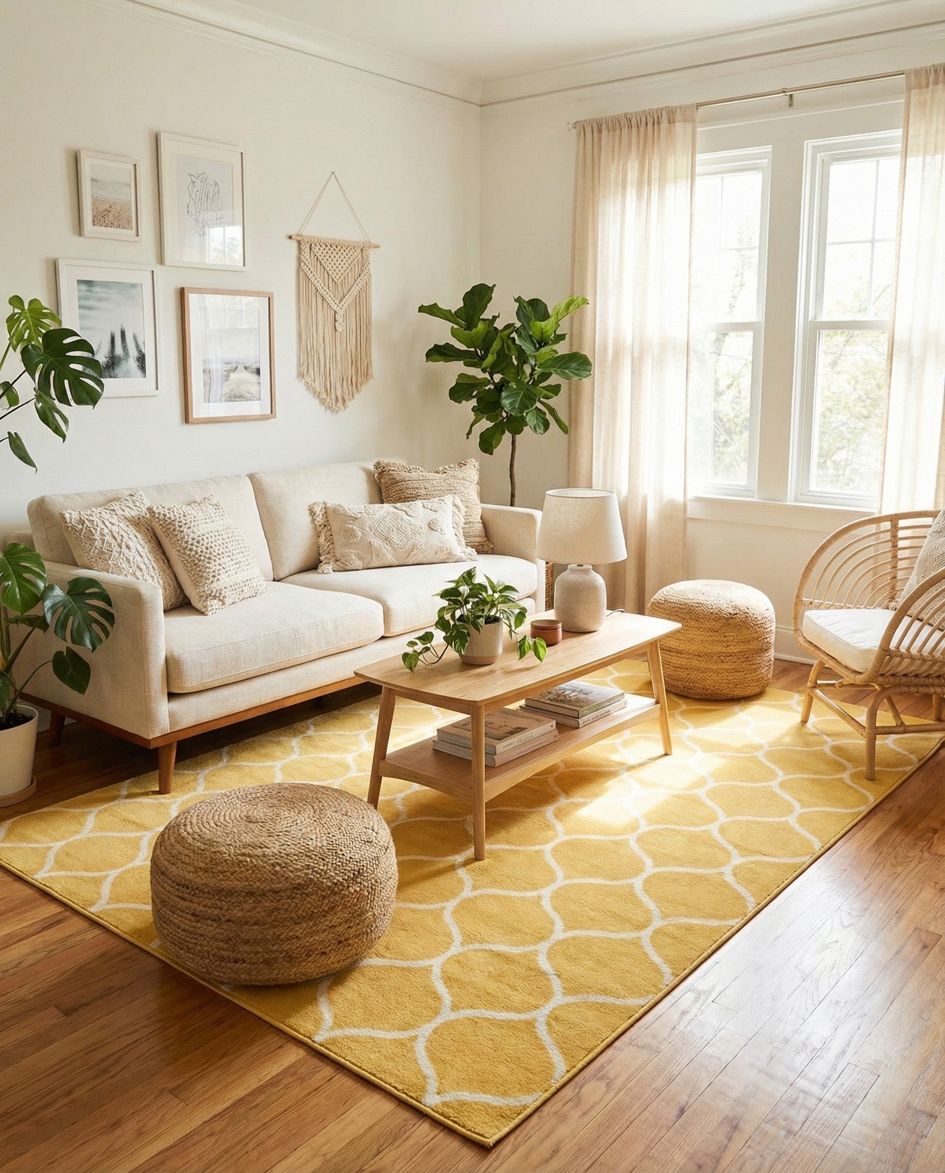 A large 10x14 rectangular yellow area rug featuring a repeating white modern trellis pattern, suitable for indoor spaces.