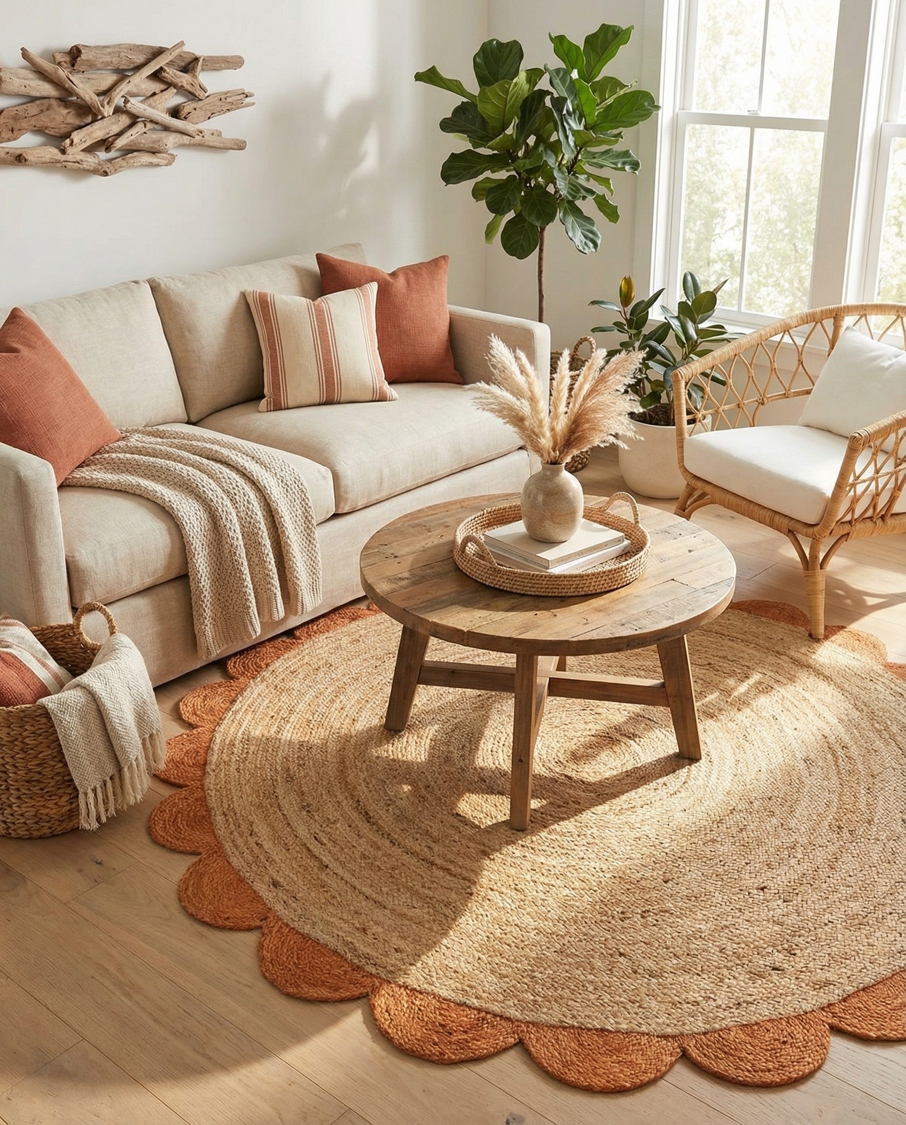 A round natural jute rug with a distinctive terracotta scalloped border, showcasing its modern braided texture.