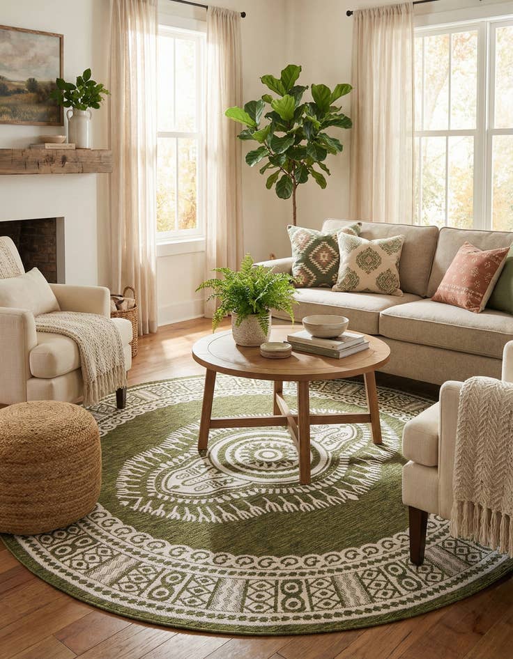 Detail image of 7' 10 x 7' 10 Easy-Clean Traditional Indoor / Outdoor Round Rug