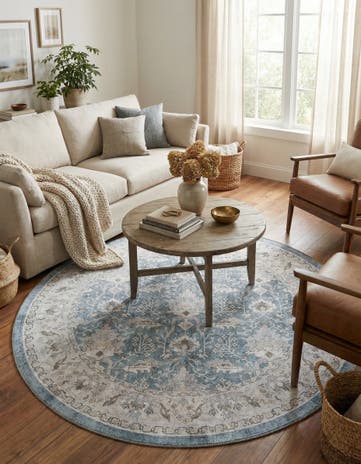 Teal blue Washable Timeless Round Rug