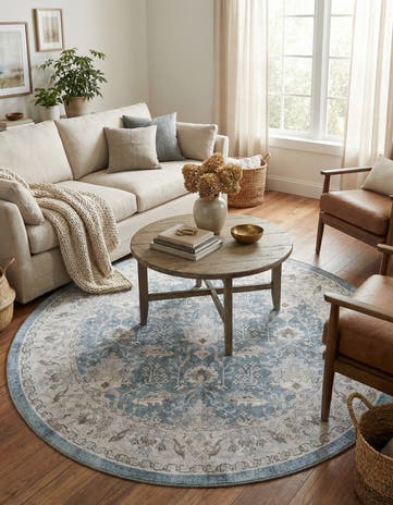 Teal blue Washable Timeless Round Rug