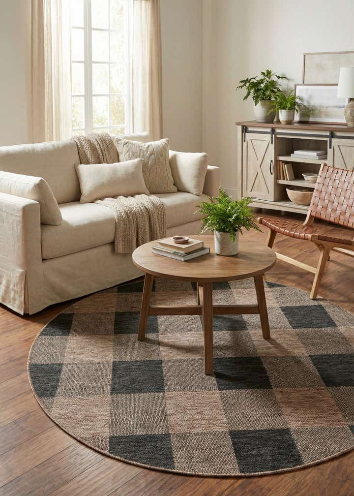 6' x 6' Easy-Clean Checkered Indoor / Outdoor Round Rug