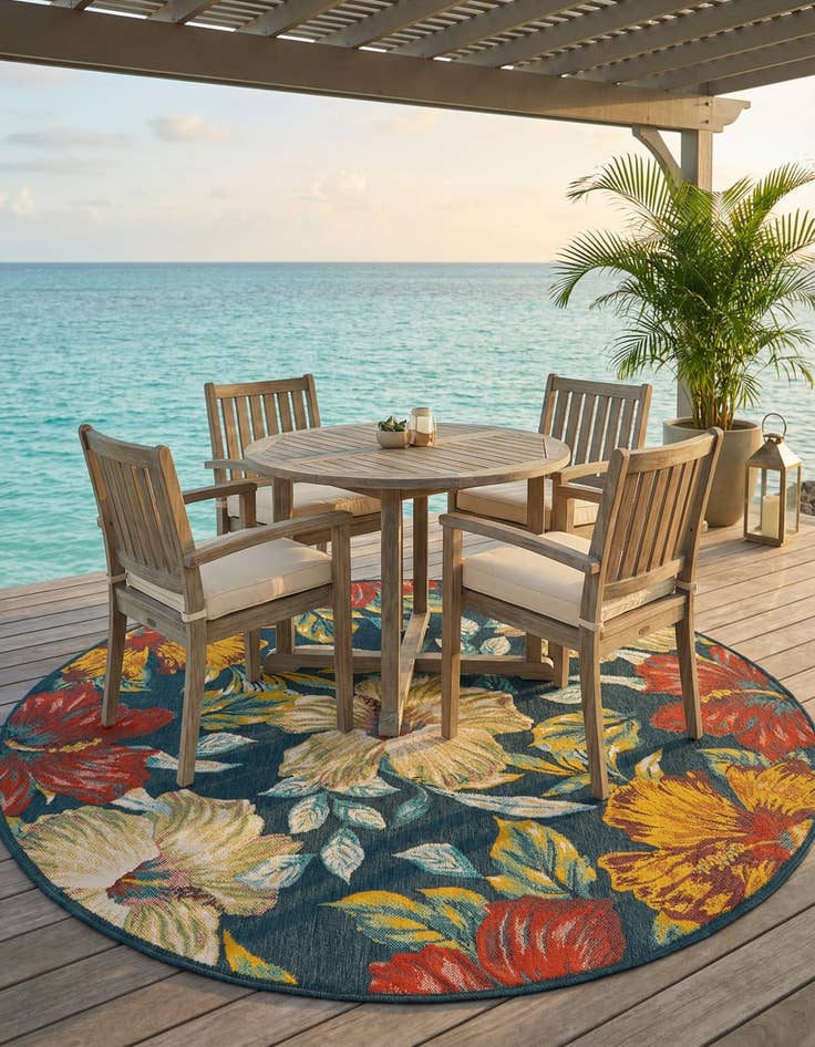 Detail image of 7' 10 x 7' 10  Washable Coastal Indoor / Outdoor Round Rug