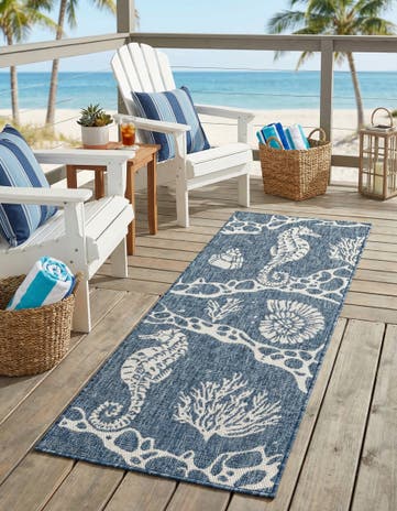 Navy Blue Easy-Clean Coastal Indoor / Outdoor Runner Rug