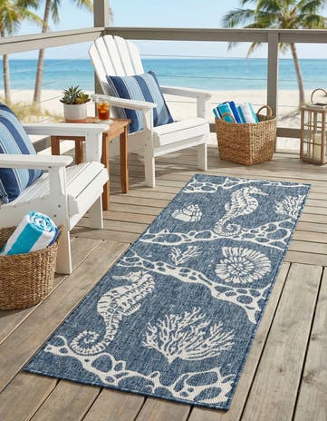 Navy Blue Easy-Clean Coastal Indoor / Outdoor Runner Rug