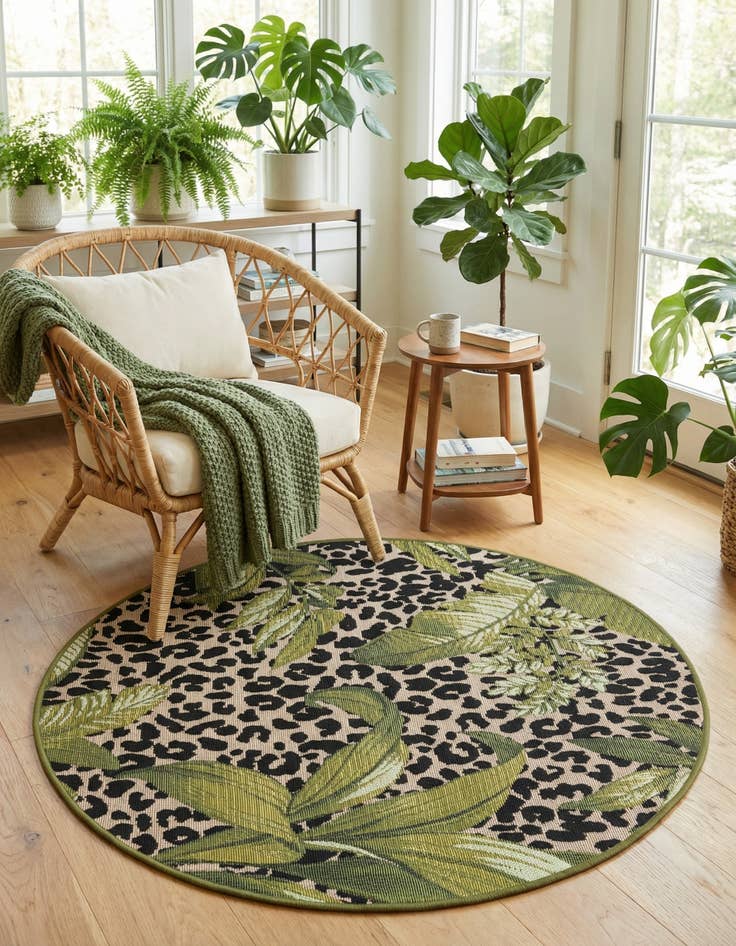 Detail image of 3' x 3'  Washable Botanical Indoor / Outdoor Round Rug