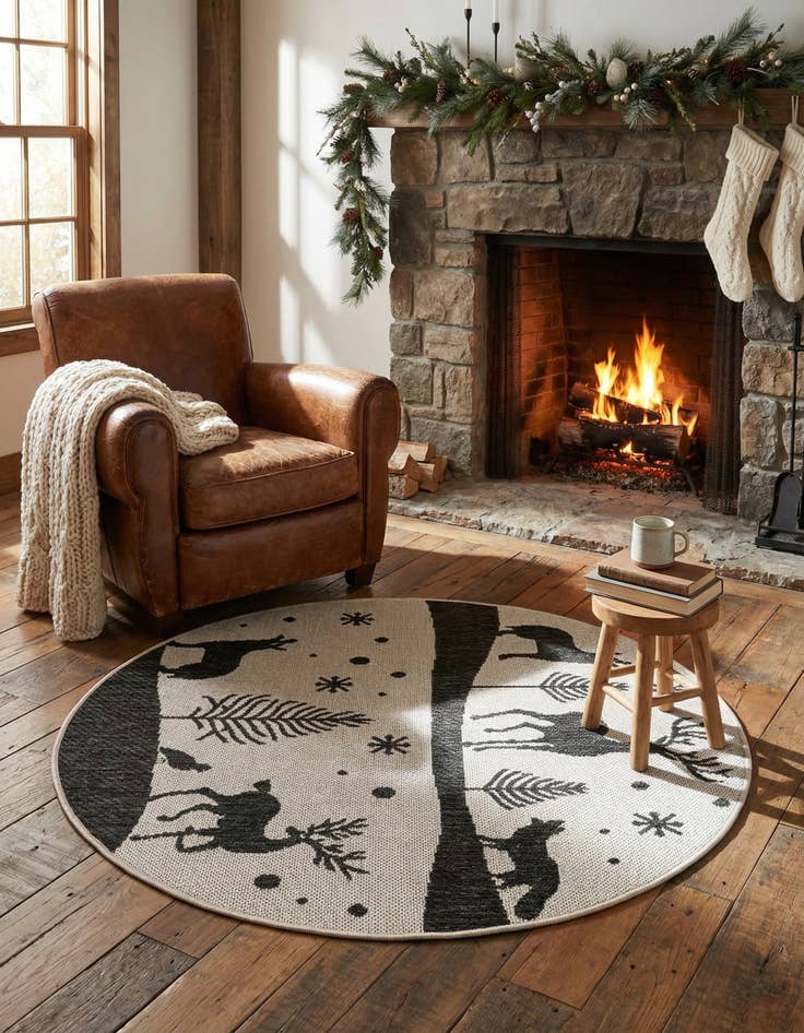 Detail image of 3' x 3'  Washable Holiday Indoor / Outdoor Round Rug