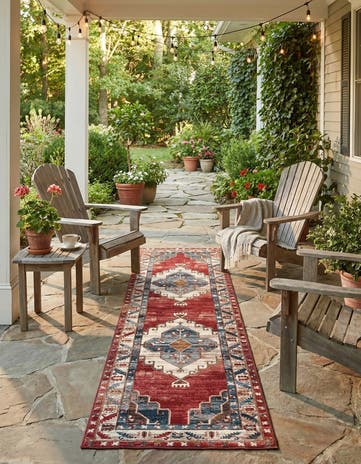 Red and Navy Blue Easy-Clean Traditional Indoor / Outdoor Runner Rug
