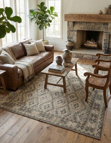 6' 11 x 9' 8 Hand Woven Kilim Maymana Wool Rug