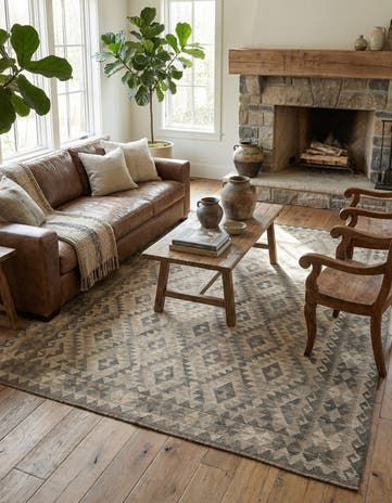 6' 11 x 9' 8 Hand Woven Kilim Maymana Wool Rug