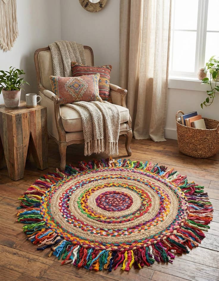 Detail image of 3' 1 x 3' 1  Hand Braided Chindi Jute Round Rug