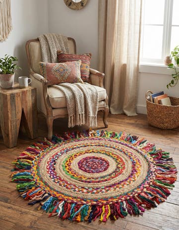 3' 1 x 3' 1 Hand Braided Chindi Jute Round Rug