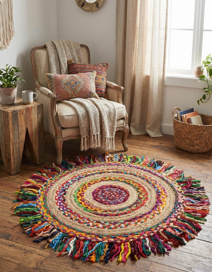 3' 1 x 3' 1 Hand Braided Chindi Jute Round Rug