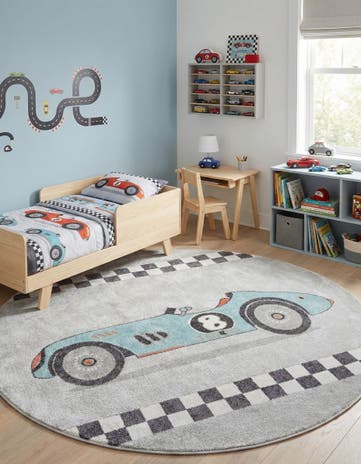 7' 10 x 7' 10 Racecar Whimsy Kids Round Rug