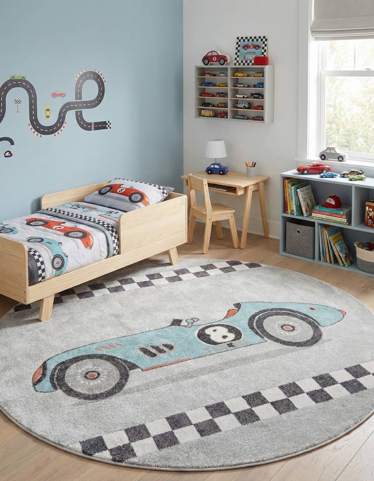 Detail image of 7' 10 x 7' 10 Racecar Whimsy Kids Round Rug