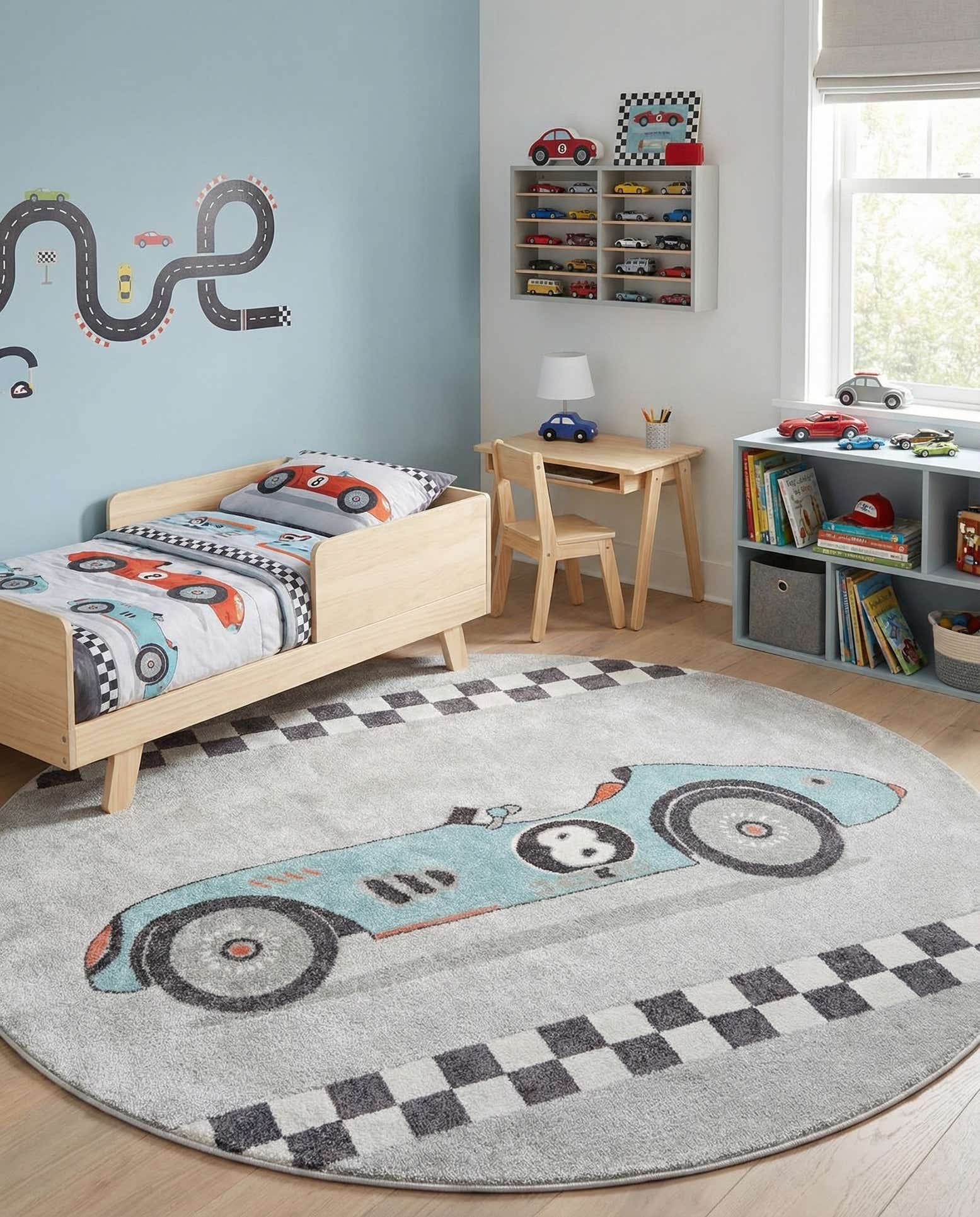 7' 10 x 7' 10 Racecar Whimsy Kids Round Rug