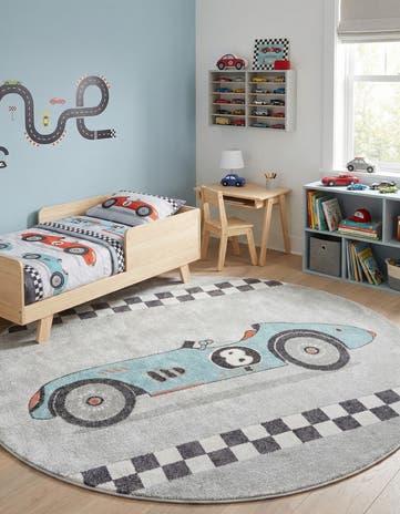 7' 10 x 7' 10 Racecar Whimsy Kids Round Rug