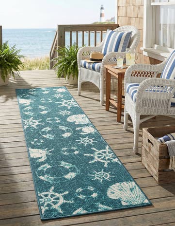 Navy Blue Easy-Clean Coastal Indoor / Outdoor Runner Rug