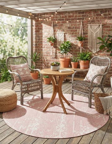 Pink Easy-Clean Bohemian Indoor / Outdoor Round Rug