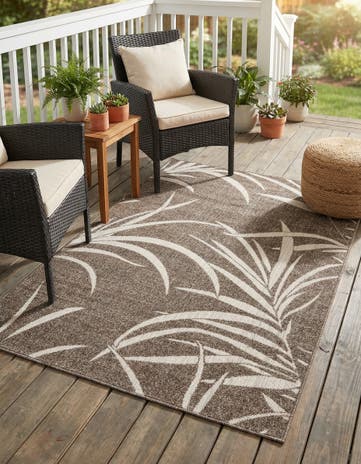Brown Easy-Clean Botanical Indoor / Outdoor Rug