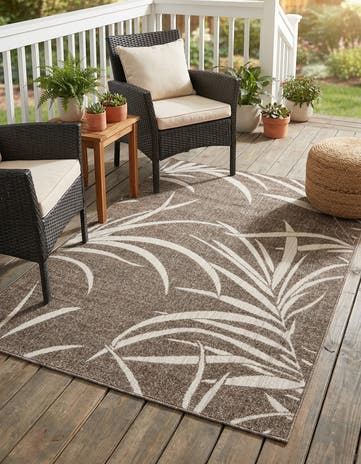Brown Easy-Clean Botanical Indoor / Outdoor Rug
