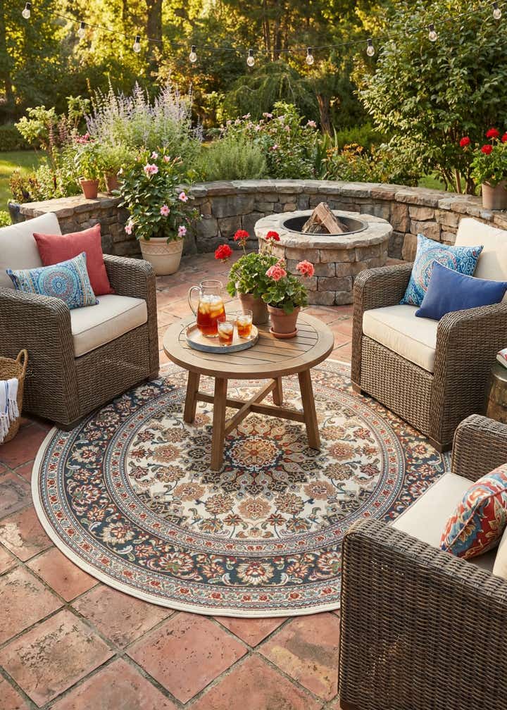 6' 1 x 6' 1 Easy-Clean Traditional Indoor / Outdoor Round Rug