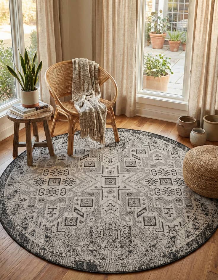 Detail image of 6' x 6'  Washable Aztec Indoor / Outdoor Round Rug
