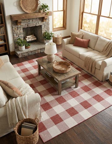 Red Easy-Clean Checkered Indoor / Outdoor Square Rug