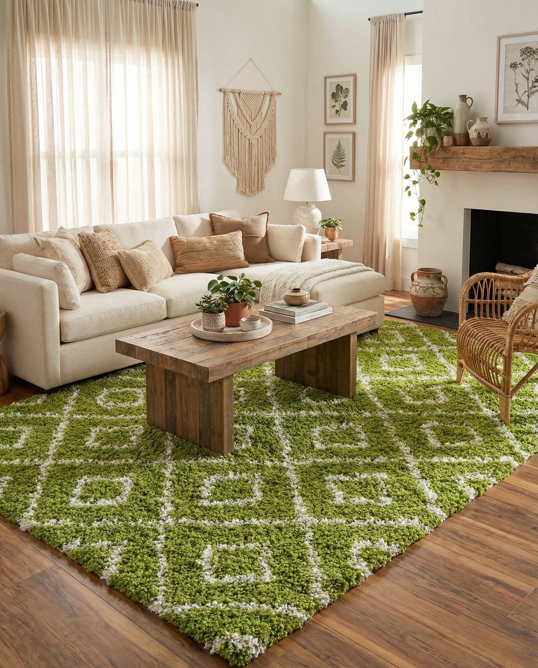 A 10x13 rectangular green shag rug with a white modern lattice pattern, featuring a high/low textured pile.