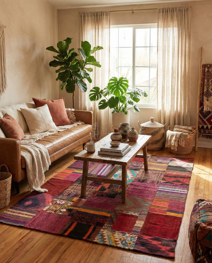 Detail image of 4' 9 x 6' 9 Hand Woven Kilim Patchwork Wool Rug