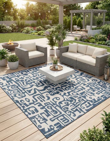 Blue Easy-Clean Modern Indoor / Outdoor Square Rug