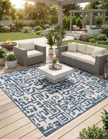 Blue Easy-Clean Modern Indoor / Outdoor Square Rug