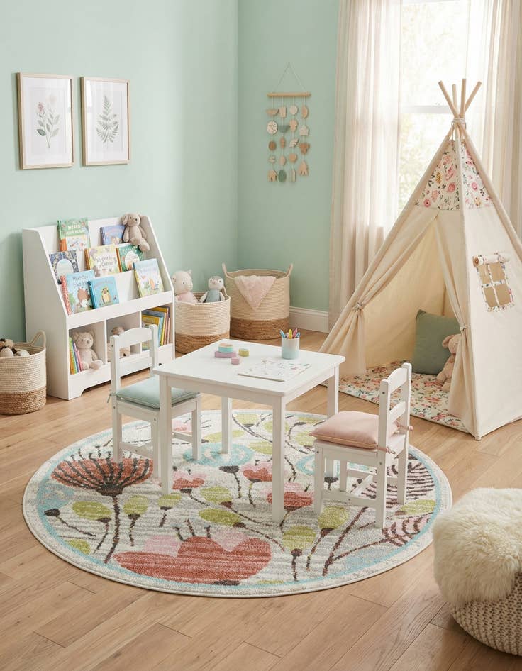 Detail image of 4' 1 x 4' 1 Flowers Whimsy Kids Round Rug