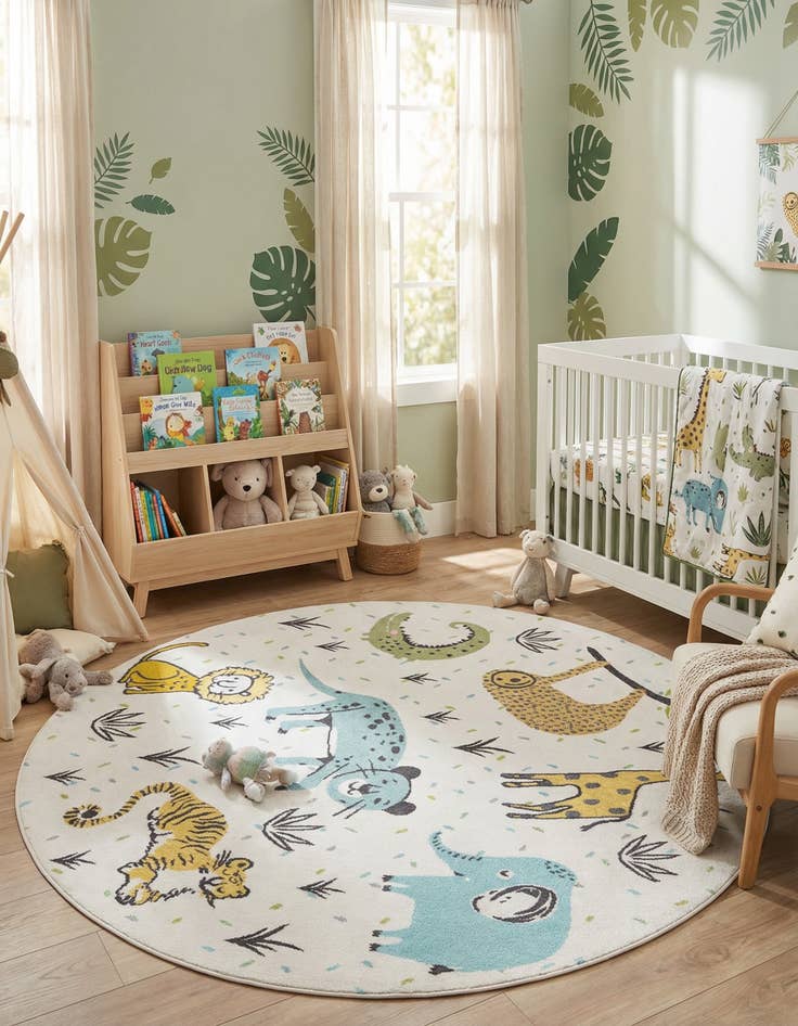 Detail image of 7' 10 x 7' 10 Animals Whimsy Kids Round Rug