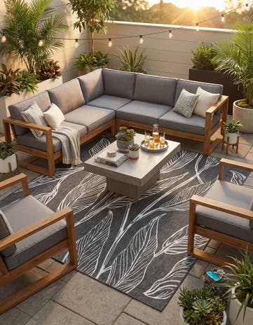 Ivory Charcoal Easy-Clean Botanical Indoor / Outdoor Square Rug