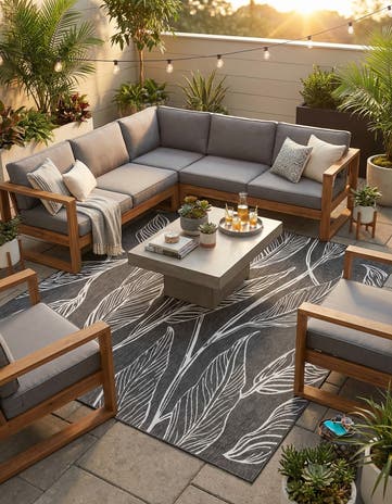 Ivory Charcoal Easy-Clean Botanical Indoor / Outdoor Square Rug