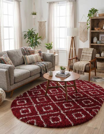 Burgundy Red Lattice Shag Oval Rug