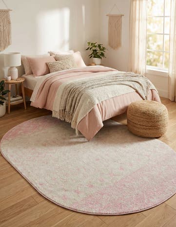 Ivory and Pink Moroccan Trellis Oval Rug