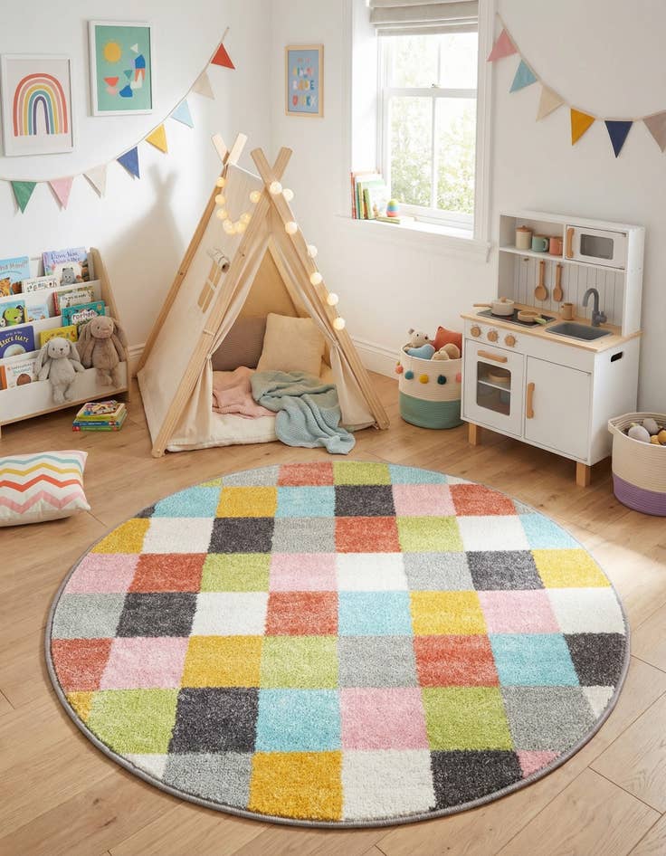 Detail image of 3' 3 x 3' 3 Checkered Whimsy Kids Round Rug