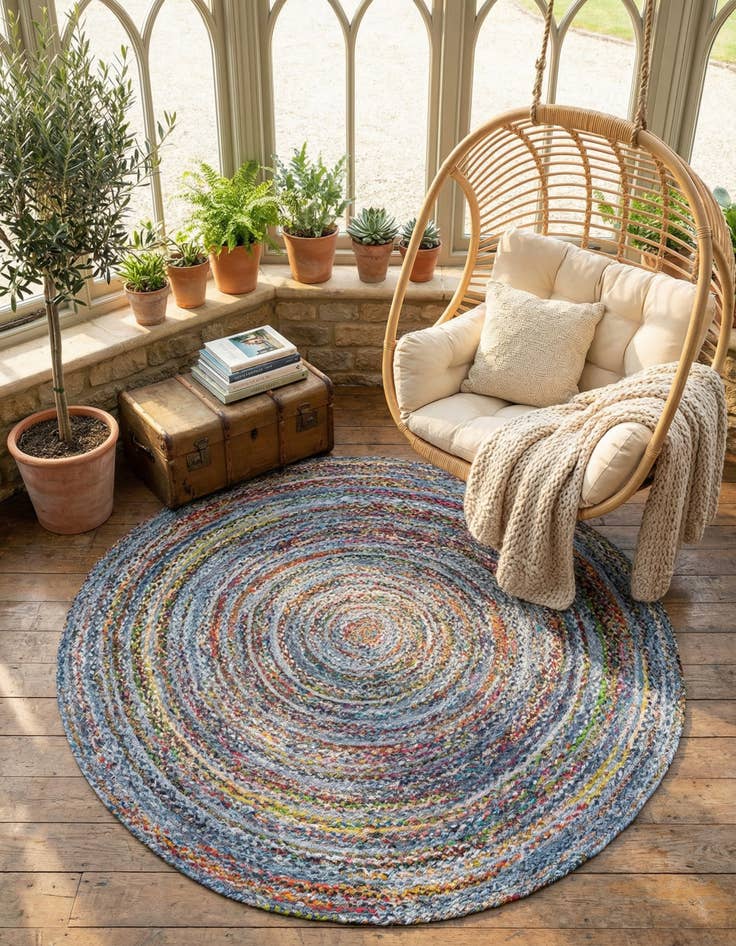 Detail image of  8' x 8'  Hand Braided Chindi Round Rug