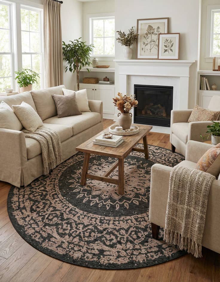 Detail image of 10' x 10' Easy-Clean Traditional Indoor / Outdoor Round Rug
