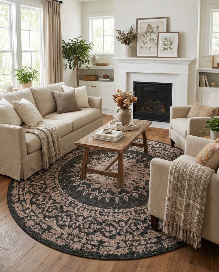 Detail image of 10' x 10' Easy-Clean Traditional Indoor / Outdoor Round Rug